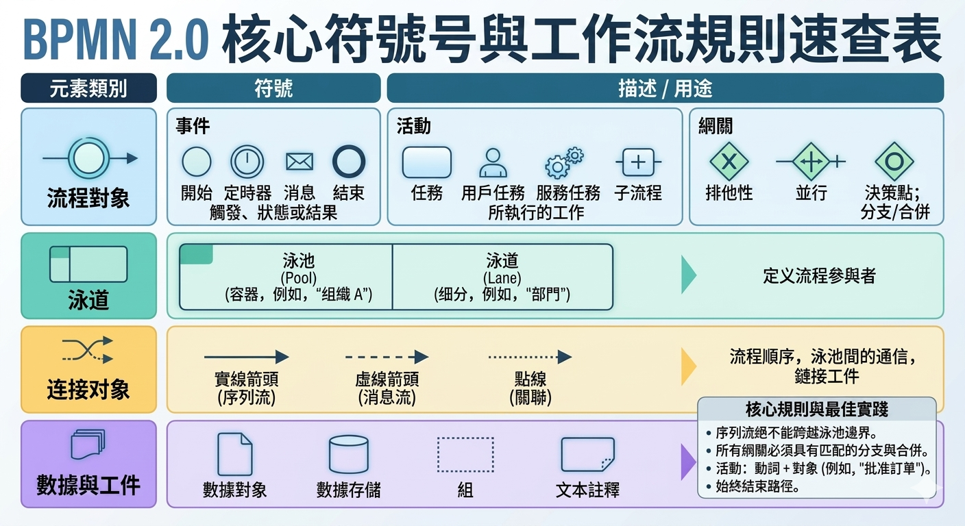 BPMN 2.0 核心符號與工作流規則速查表